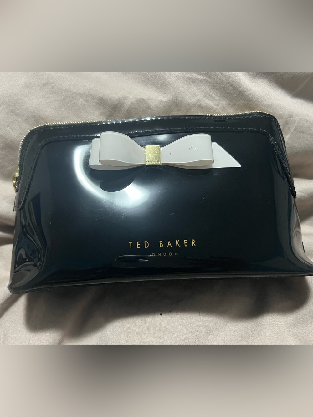 Ted Baker Black Patent Bow Pouch with Cream Bow and Gold Accent
